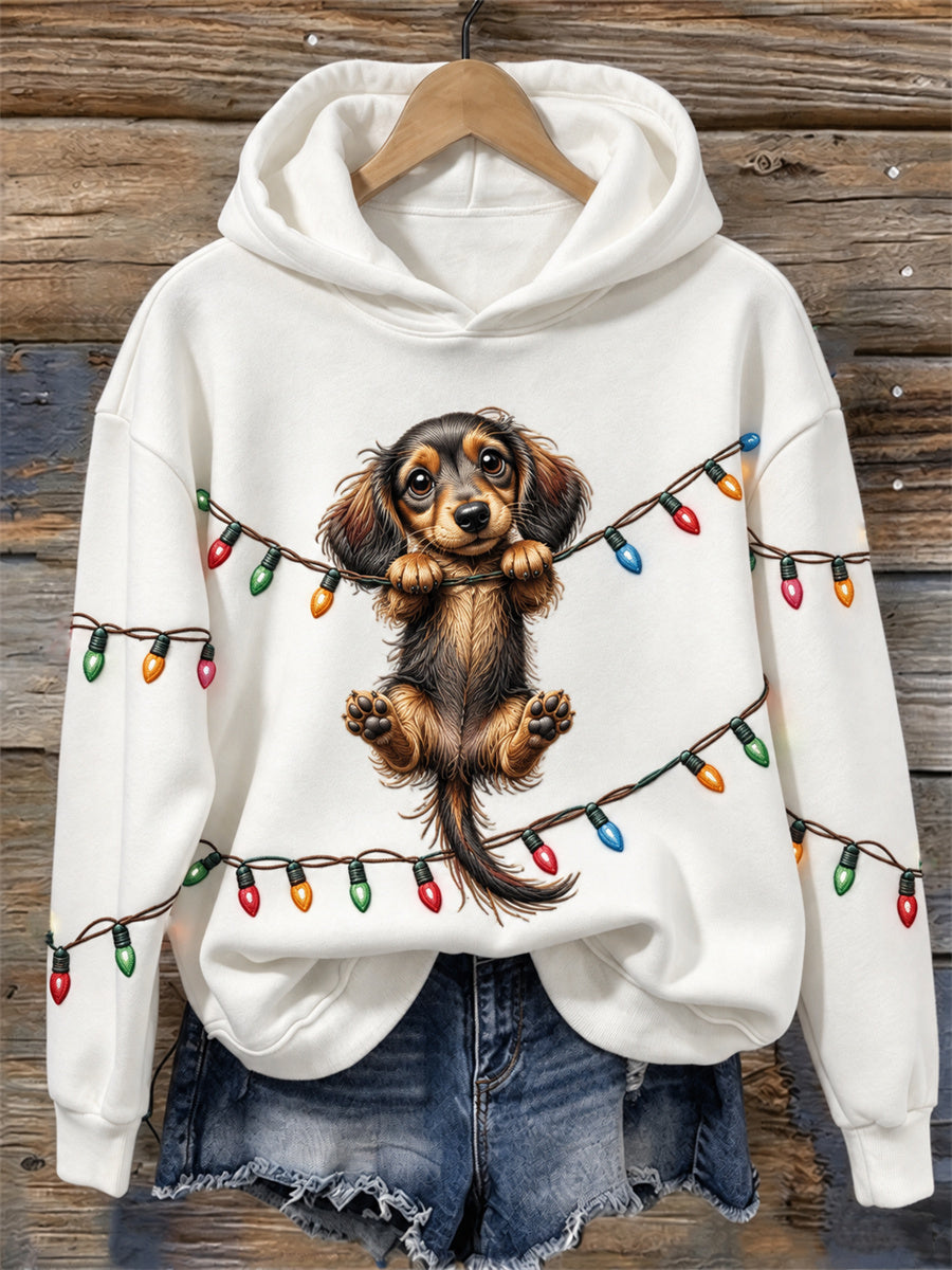 Women's Funny Hanging Dachshund Dog Christmas Lights Print Hoodie