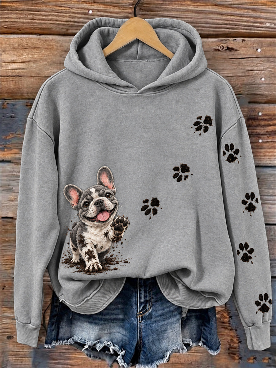Women's Funny Dirty but Happy French Bulldog & Paw Prints Print Hoodie