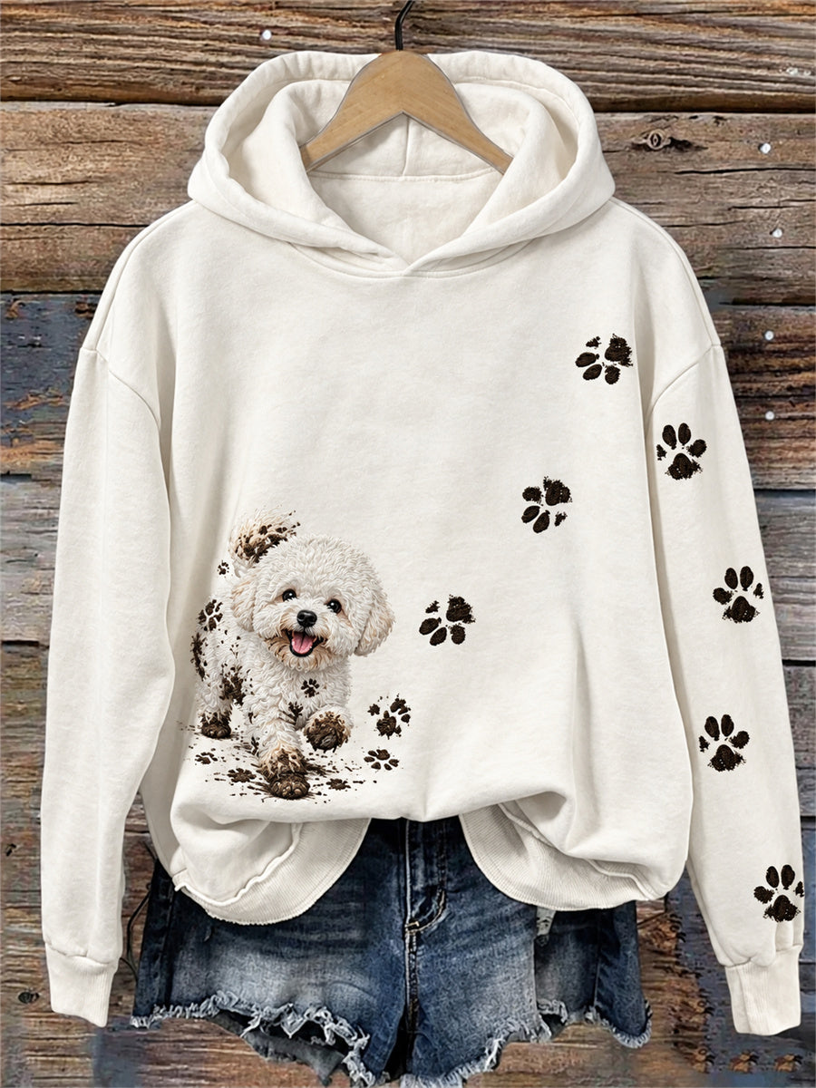 Women's Funny Dirty but Happy Bichon Dog & Paw Prints Print Hoodie