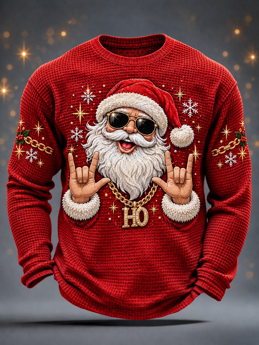 Men's Christmas Santa Claus Print Casual Waffle Long Sleeve T-Shirt
