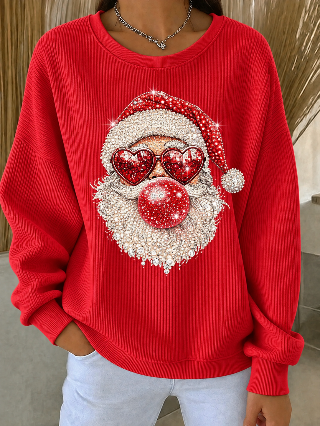 Women's Christmas Ribbed Round-Neck Sweatshirt