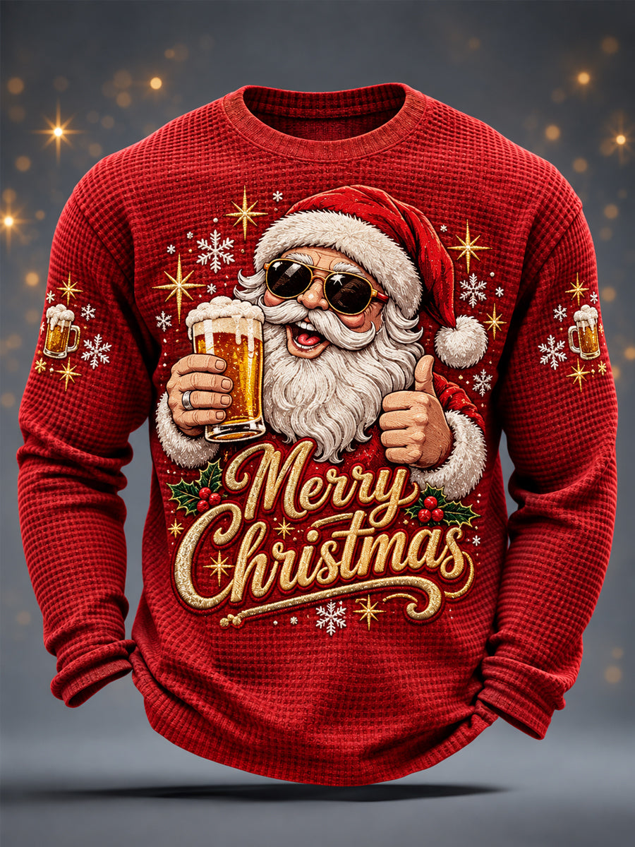 Men's Christmas Santa Claus Drink Beer Print Casual Waffle Long Sleeve T-Shirt