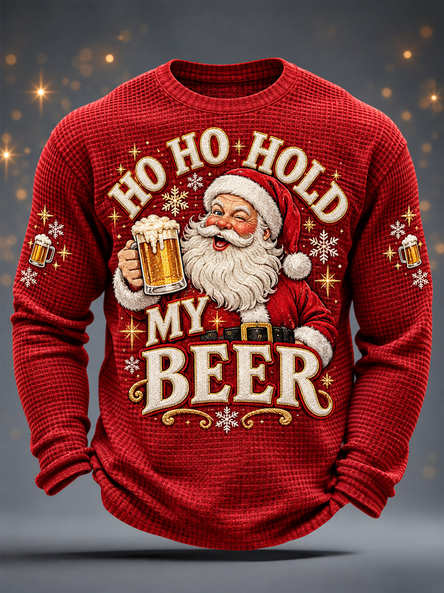 Men's Funny Christmas Santa Claus Drink Beer Print Casual Waffle Long Sleeve T-Shirt