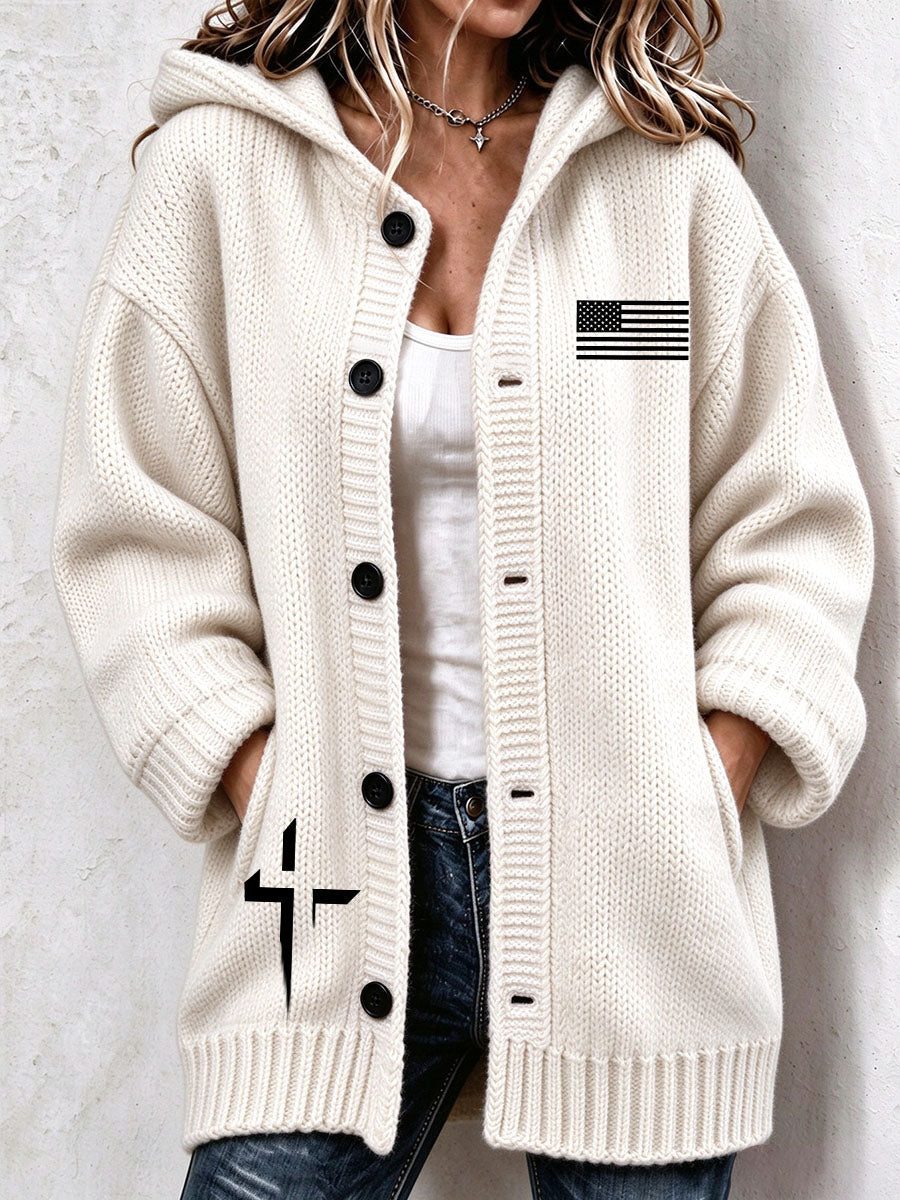 Women's Christian Art Cross Pattern Cozy Knit Hooded Cardigan