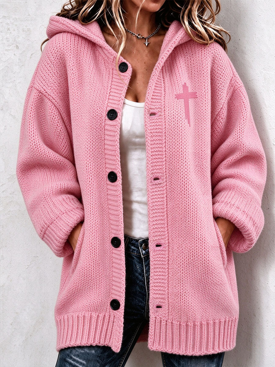 Women's Christian Art Cross Pattern Cozy Knit Hooded Cardigan