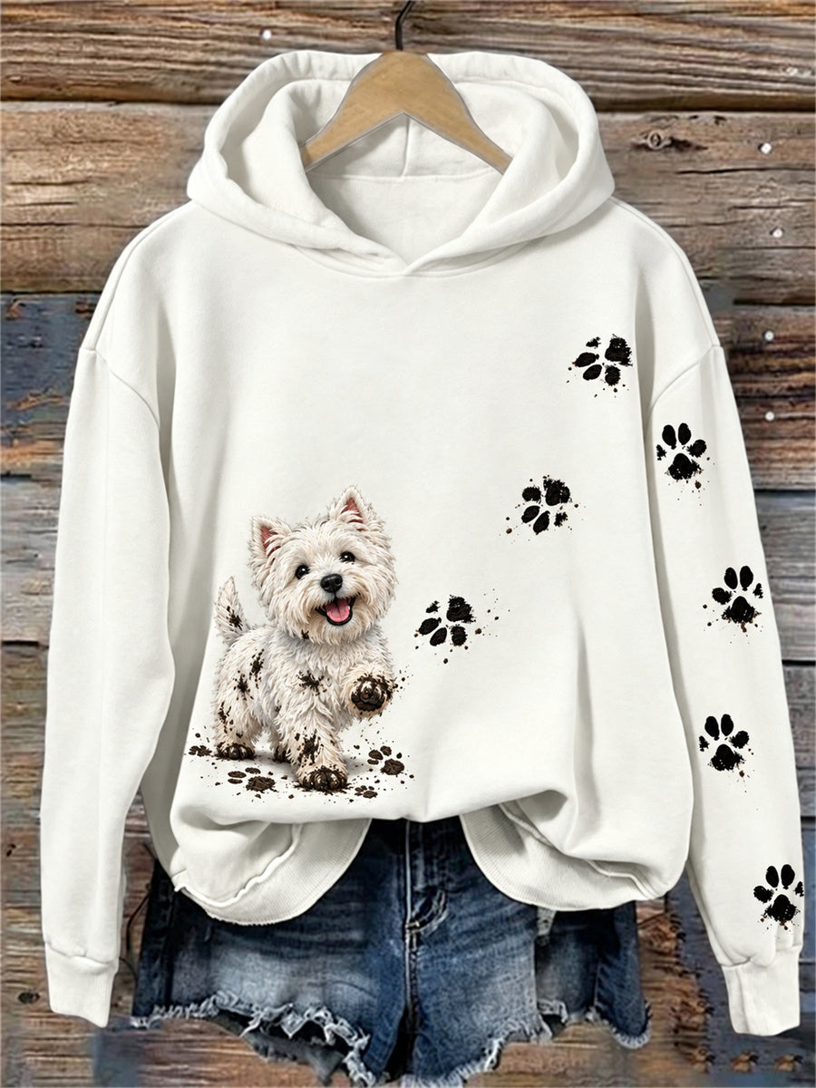 Women's Happy But Dirty West Highland White Terrier Dog & Paw Prints Print Cozy Hoodie