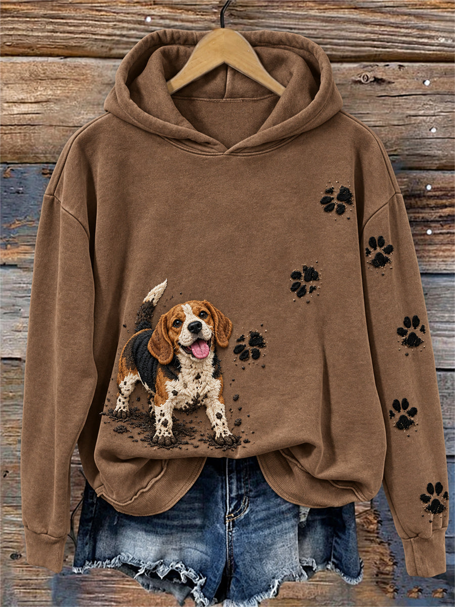 Women's Happy But Dirty Beagle Dog & Paw Prints Print Cozy Hoodie