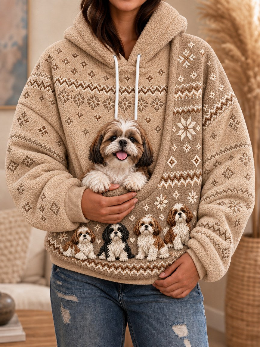 Women's Shih Tzu Dogs Isle Pattern Print Big Pocket Cozy Flannel Hoodie