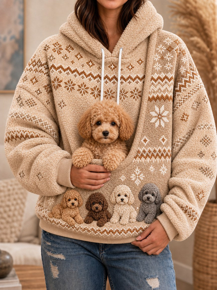 Women's Poodle Dogs Isle Pattern Print Big Pocket Cozy Flannel Hoodie