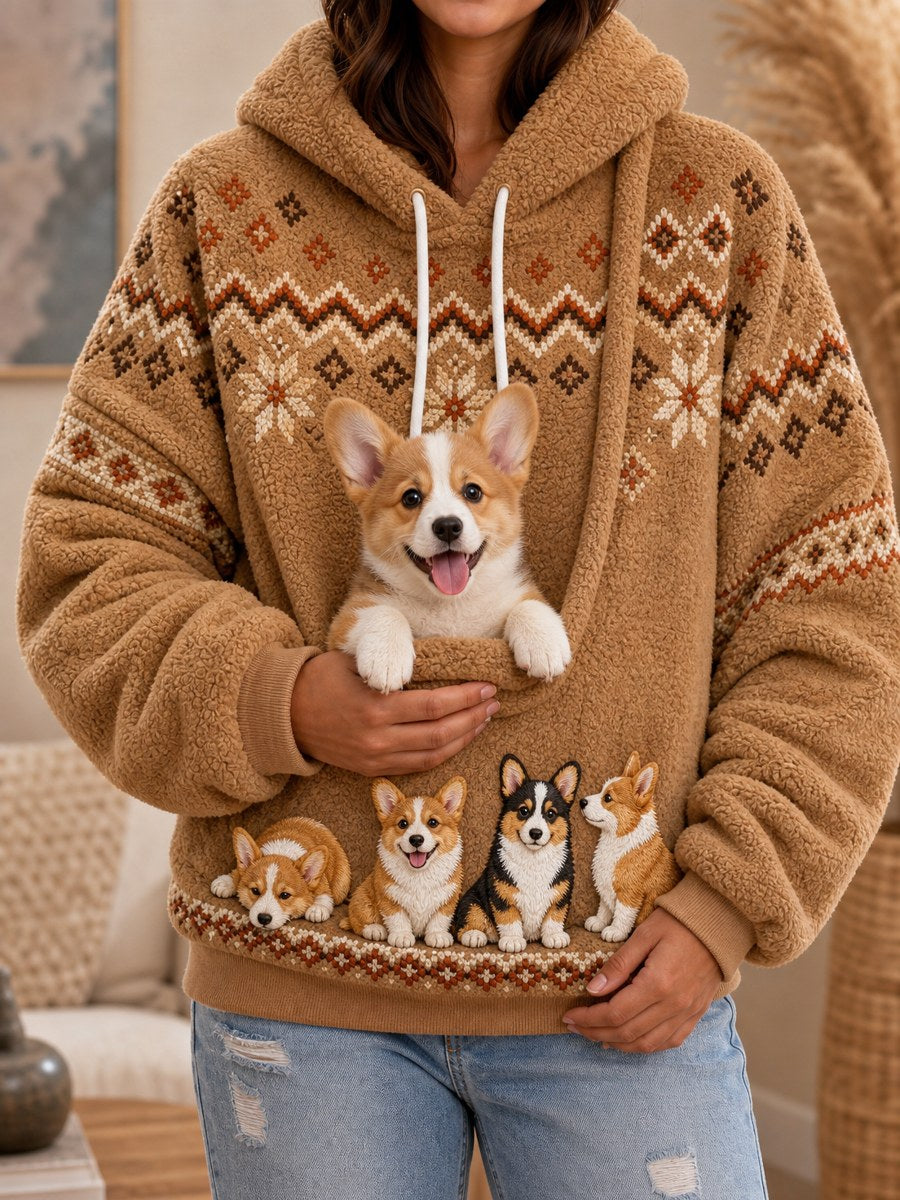 Women's Corgi Dogs Isle Pattern Print Big Pocket Cozy Flannel Hoodie