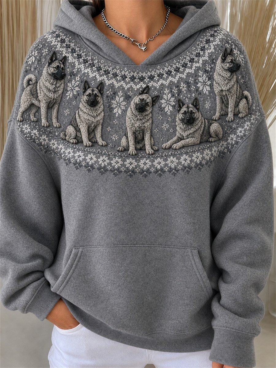 Women's Vintage Norwegian Elkhound Dogs Yoke Isle Pattern Print Cozy Hoodie