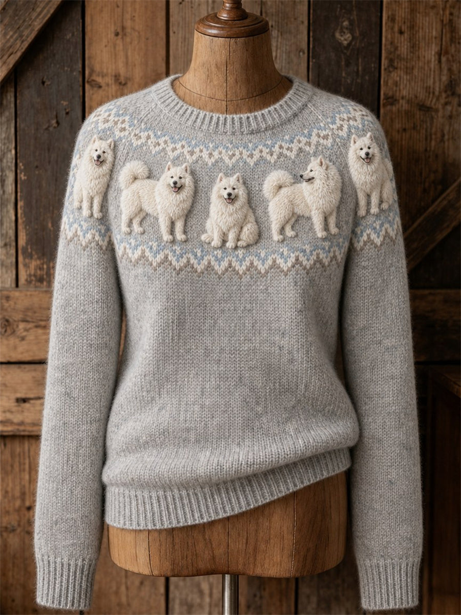 Women's Vintage Samoyed Dogs Yoke Isle Print crew neck sweater