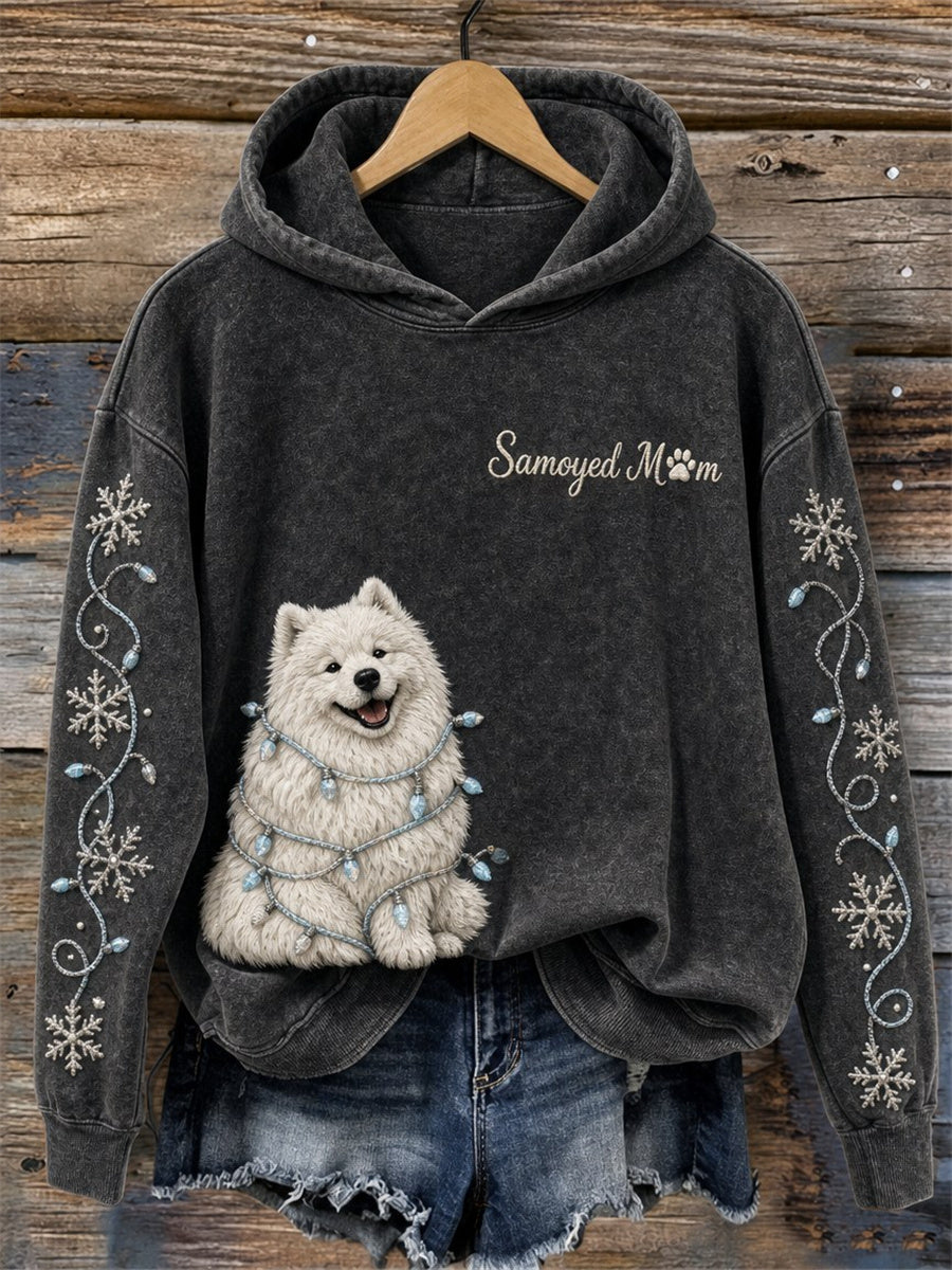 Women's Samoyed Mom Christmas Lights & Naughty Dog Print Cozy Hoodie