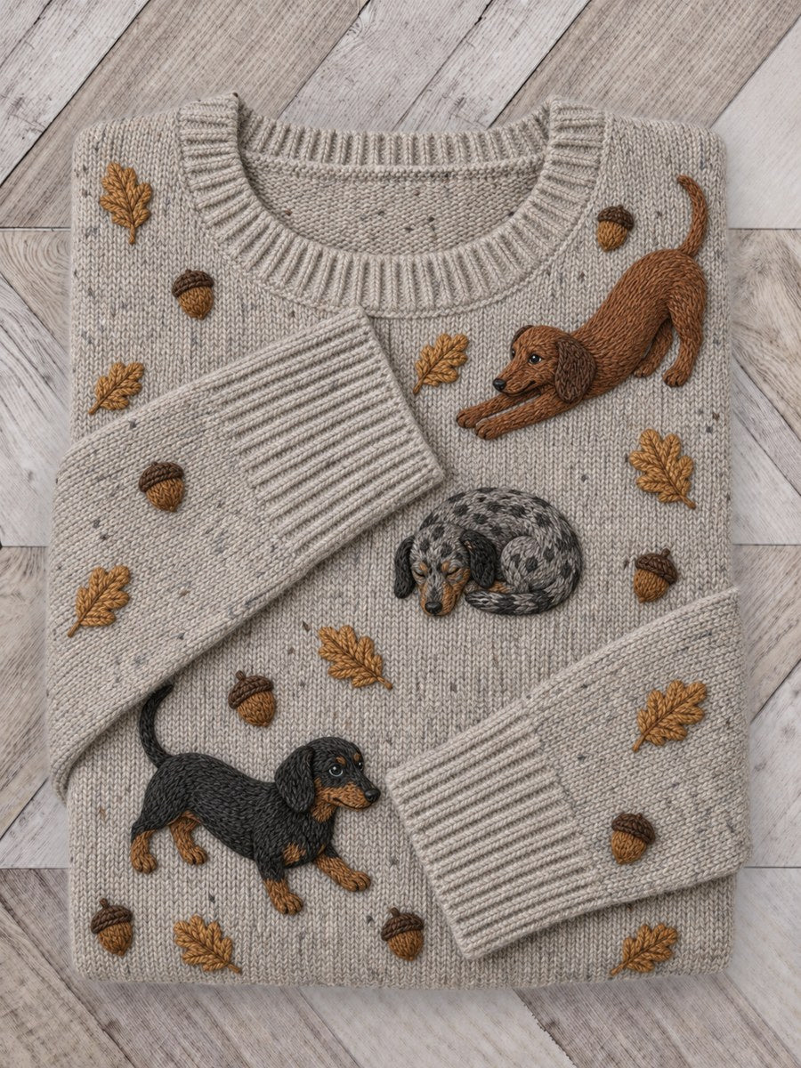 Women's Vintage Dachshund Dogs & Fall Nuts Leaves Print crew neck sweater