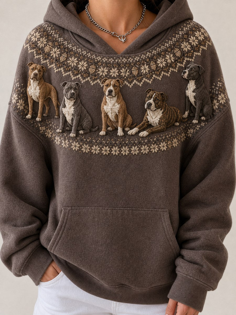 Women's Vintage Pit Bull Dogs Yoke Isle Pattern Print Cozy Hoodie