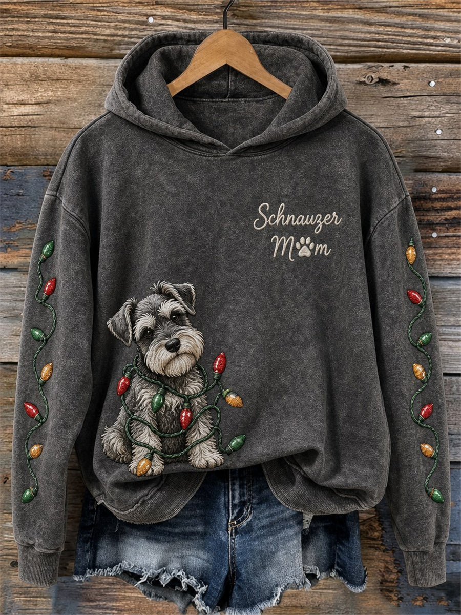 Women's Schnauzer Mom Christmas Lights & Naughty Dog Print Cozy Hoodie
