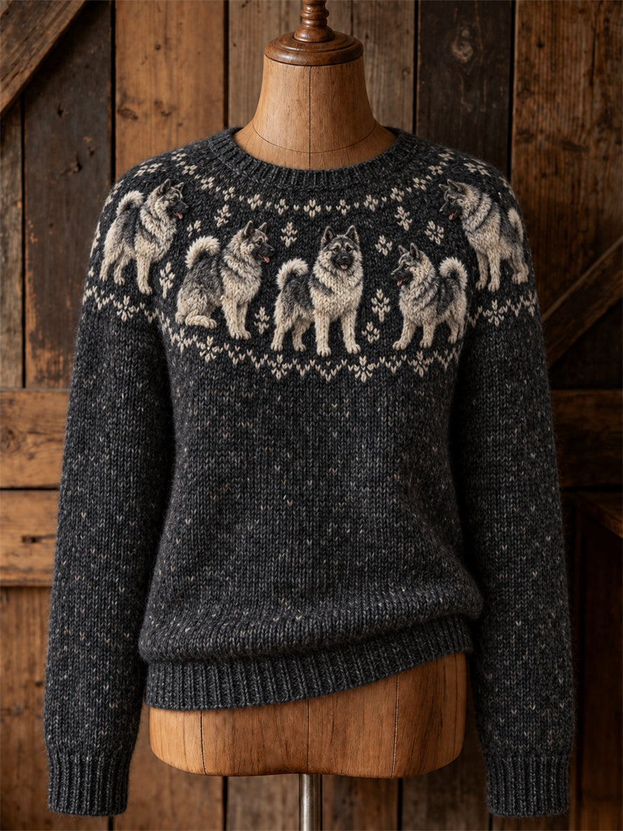 Women's Vintage Norwegian Elkhound Dogs Yoke Isle Print crew neck sweater
