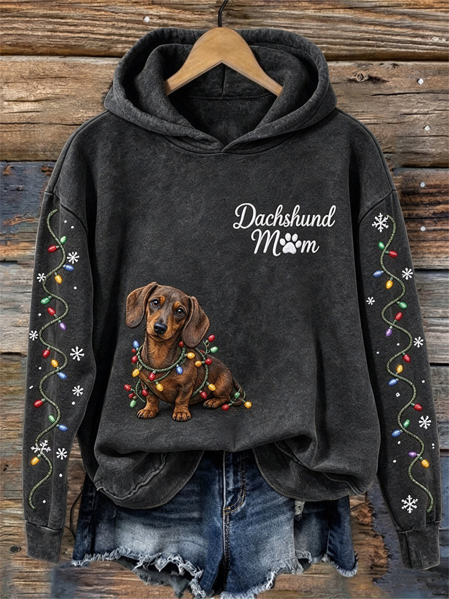 Women's Dachshund Mom Christmas Lights & Naughty Dog Print Cozy Hoodie