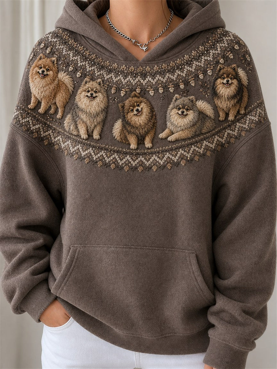 Women's Vintage Pomeranian Dogs Yoke Isle Pattern Print Cozy Hoodie