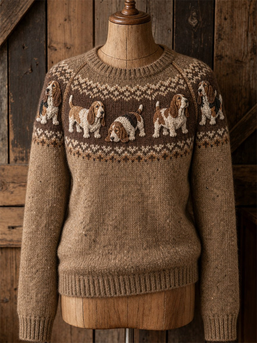 Women's Vintage Basset Hound Dogs Yoke Isle Print crew neck sweater