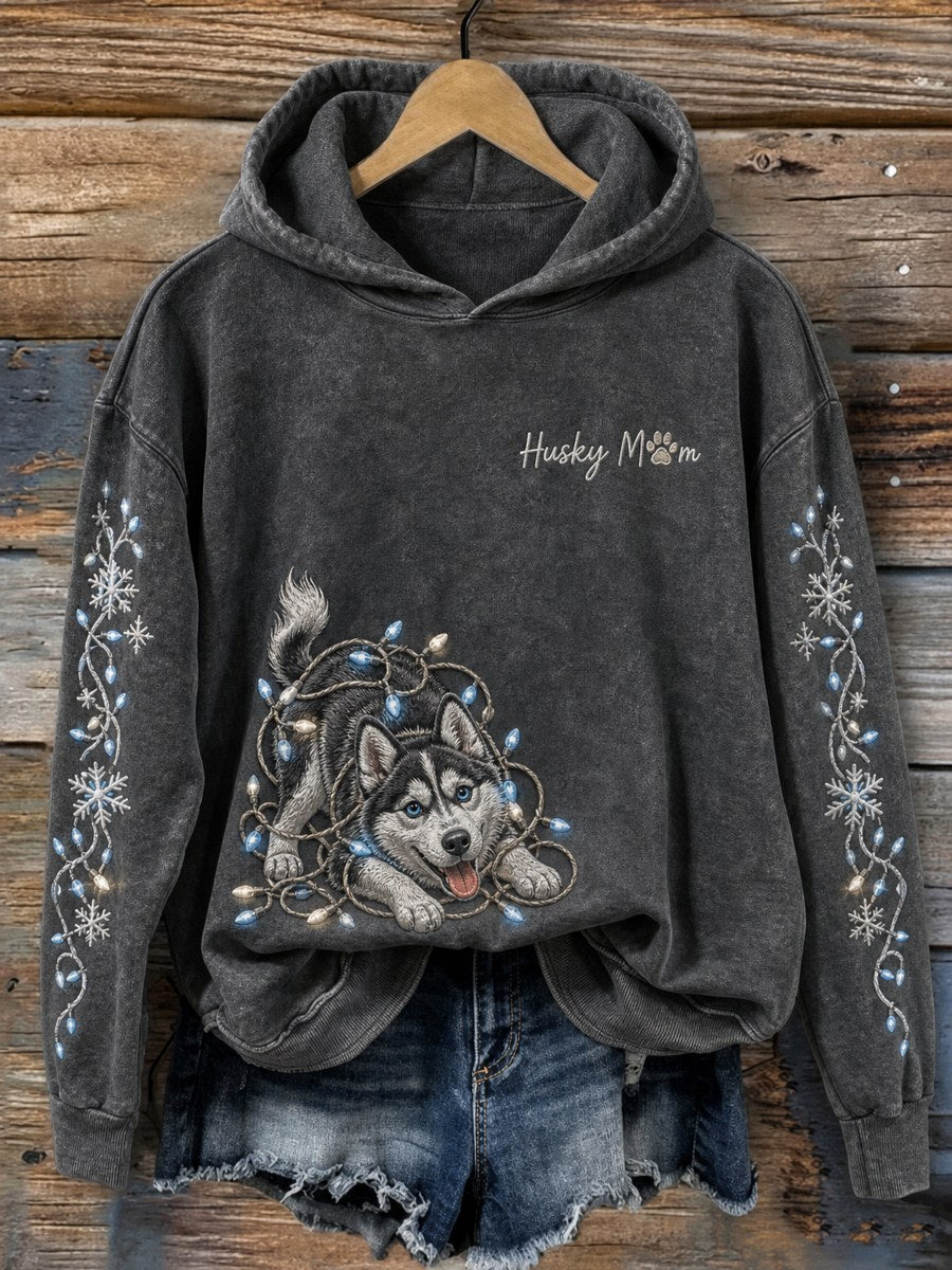 Women's Husky Mom Christmas Lights & Naughty Dog Print Cozy Hoodie