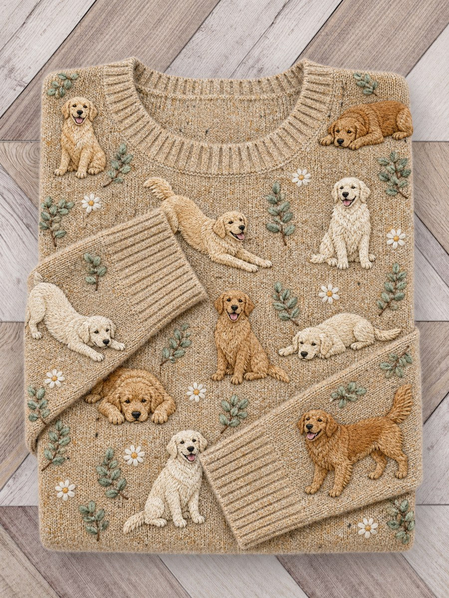 Women's Vintage Golden Retriever Dogs & Daisy Floral Print crew neck sweater