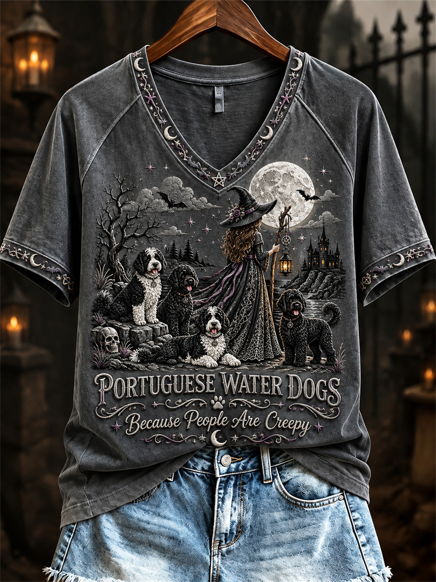 Women's Portuguese Water Dogs Because People Are Creepy Halloween Witch & Dogs Print short-sleeved T-shirt