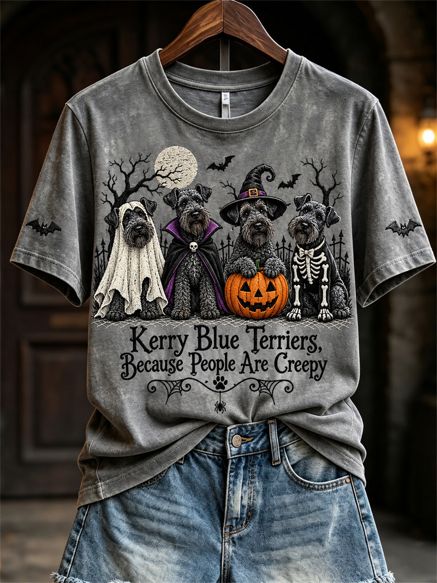Women's Kerry Blue Terriers Because People Are Creepy Halloween Dogs Print short-sleeved T-shirt