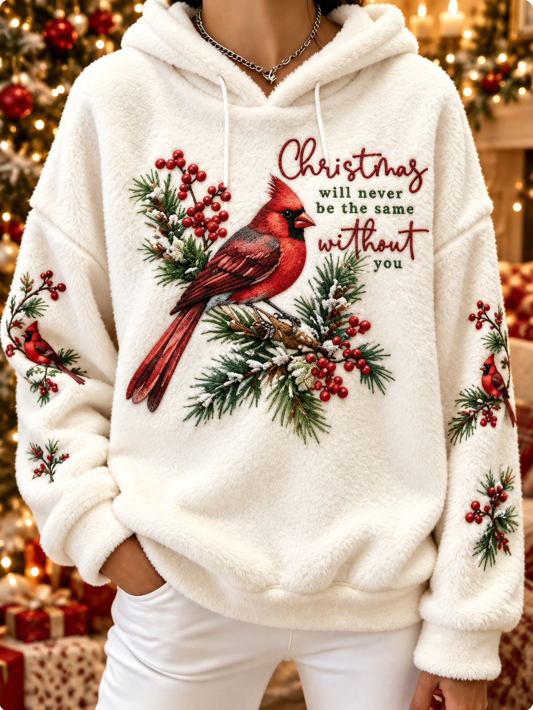 Women's vintage christmas Northern Cardinal Flannel Hoodie