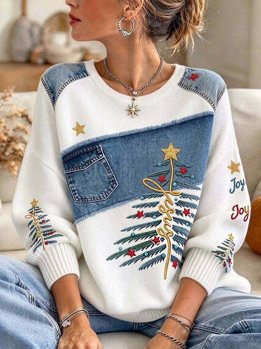 Women's Christian Jesus Christmas Tree Print Casual Sweater