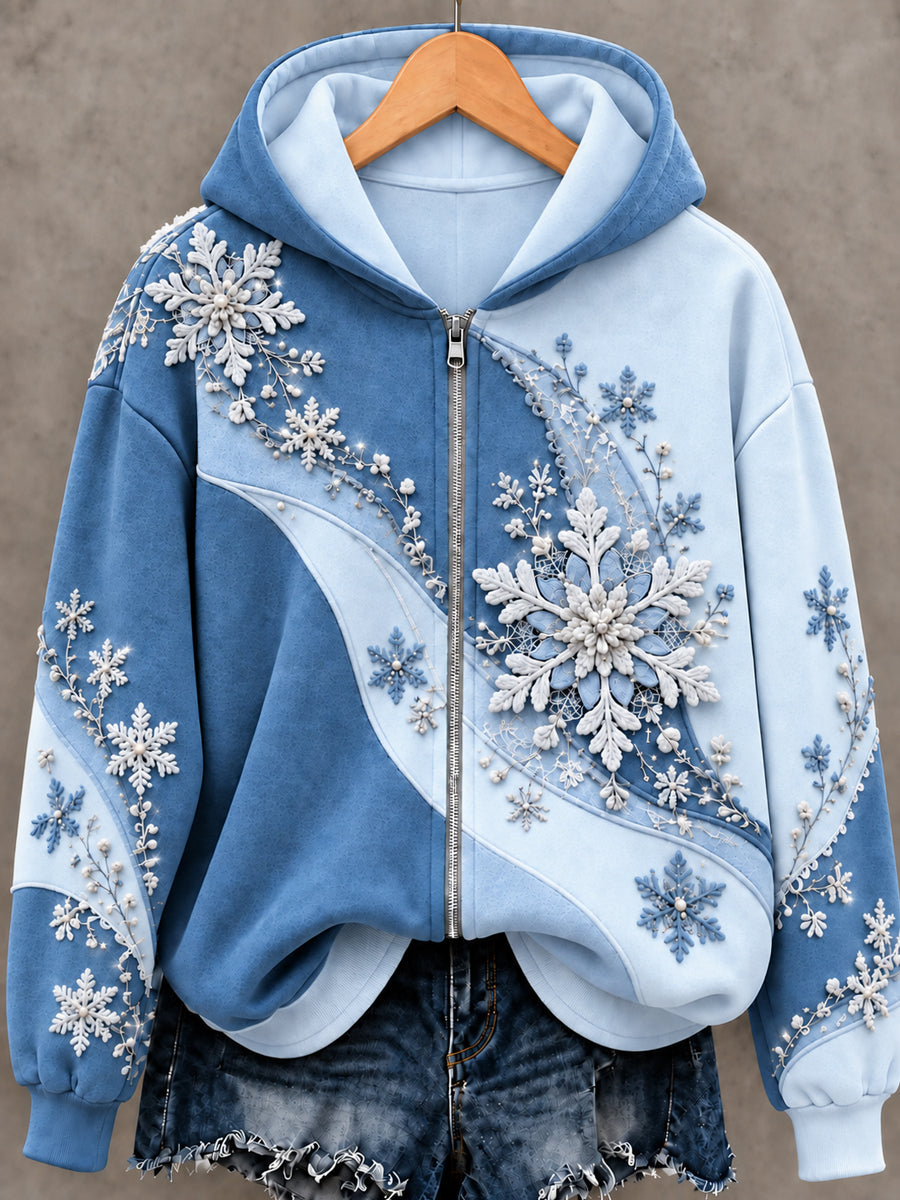 Women's Christmas Snowflake Art Print Zip-Up Hoodie