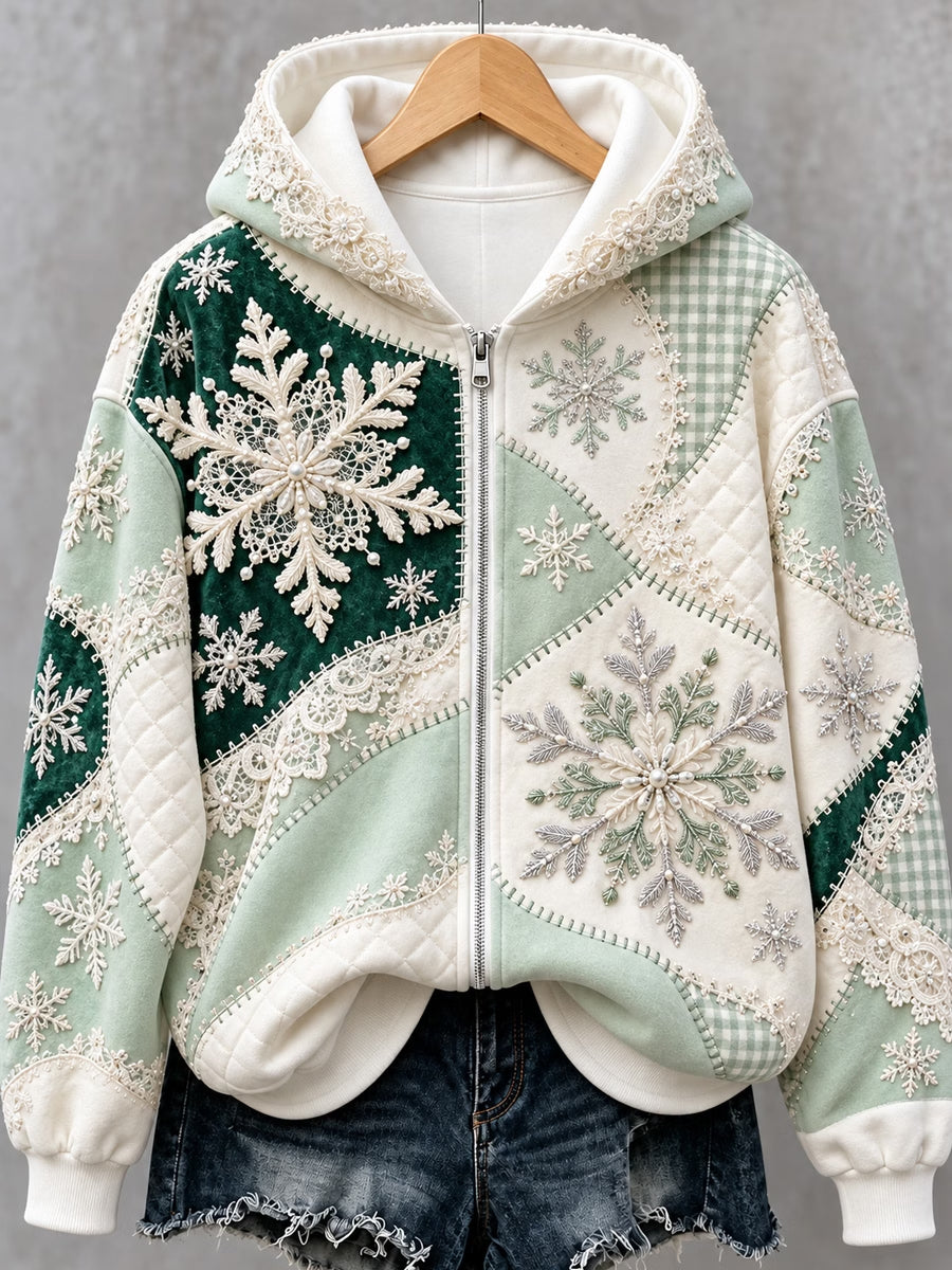 Women's Christmas Snowflake Art Print Zip-Up Hoodie