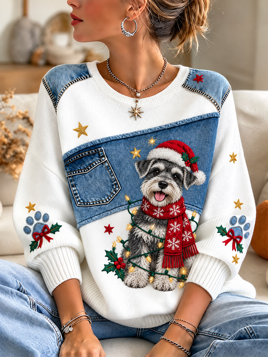 Women's Christmas Schnauzer Print Casual Sweater