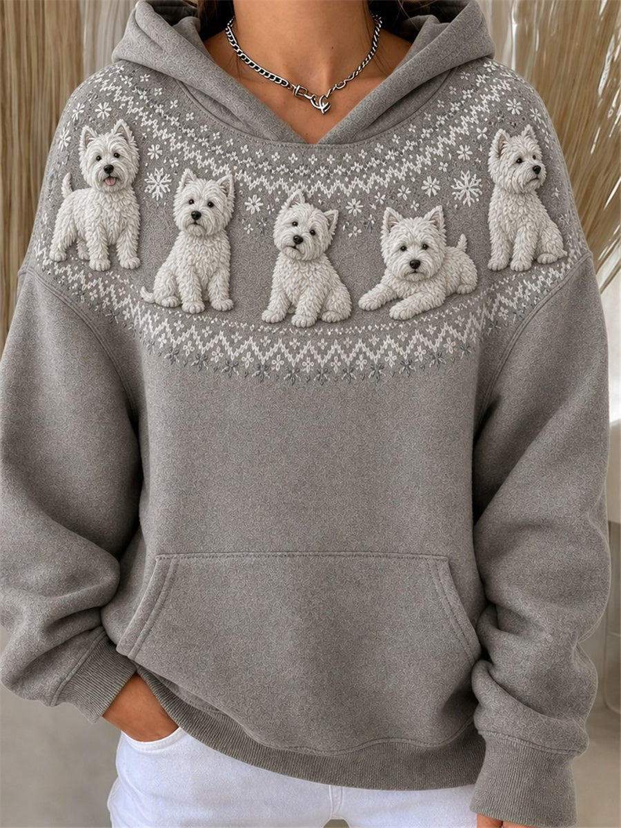 Women's Vintage West Highland White Terrier Dogs Yoke Isle Pattern Print Cozy Hoodie