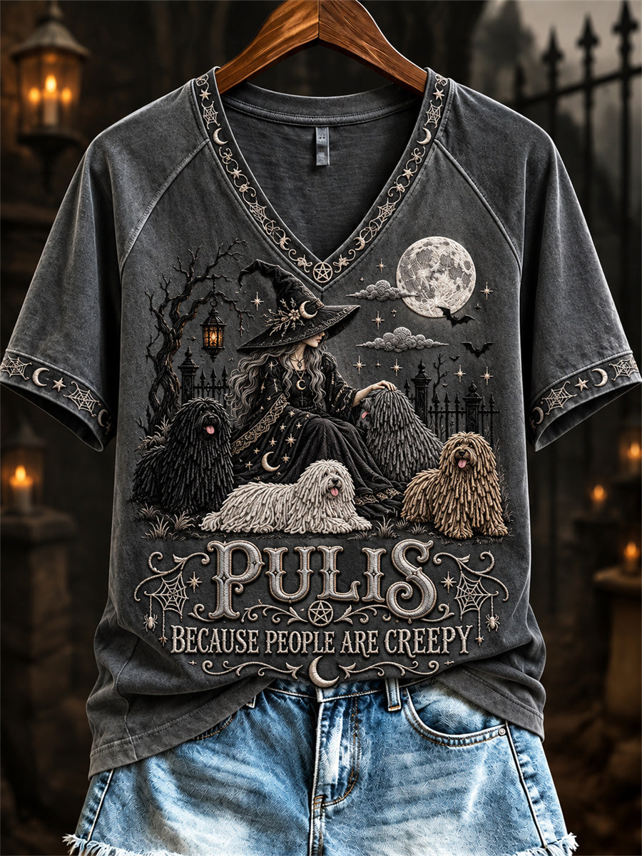 Women's Pulis Because People Are Creepy Halloween Witch & Dogs Print short-sleeved T-shirt
