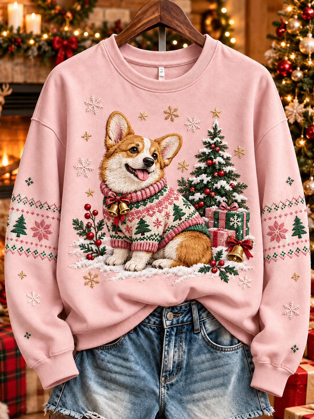 Women's Christmas-themed Corgi dog pattern print casual sweatshirt.