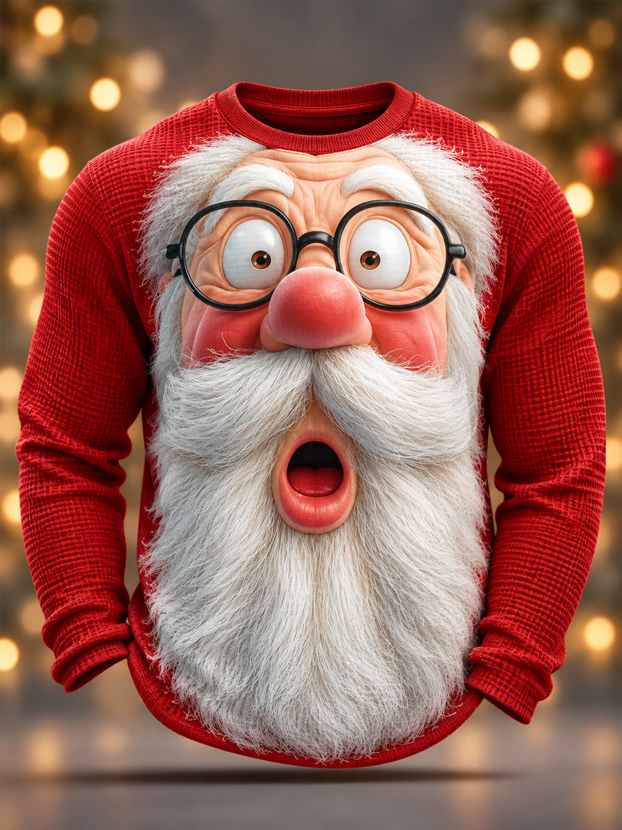 Men's Funny Christmas Santa Claus Print Casual Waffle Long-Sleeve T-Shirt