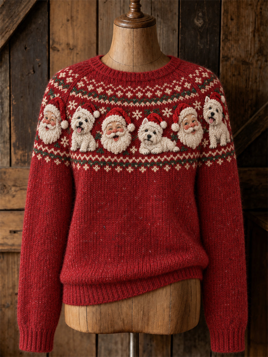 Women's Vintage Christmas Santa Claus & West Highland White Terrier Dogs Yoke Isle Print crew neck sweater