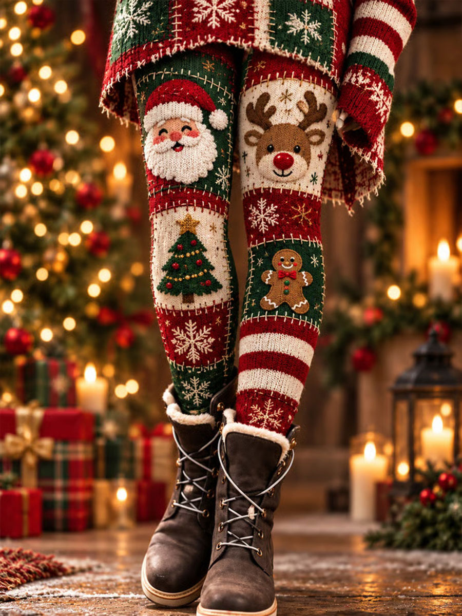 Women's Christmas Santa Reindeer Gingerbread Man Snowflake Print Velvet Leggings