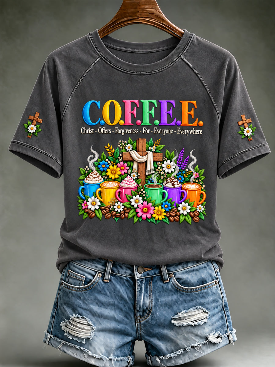 Women's Christian Coffee Christ Offers Forgiveness for Everyone Everywhere Short Sleeve T-shirt