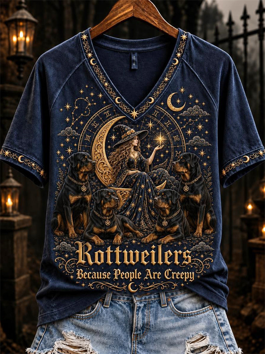 Women's Rottweilers Because People Are Creepy Celestial Witch & Dogs Print short-sleeved T-shirt