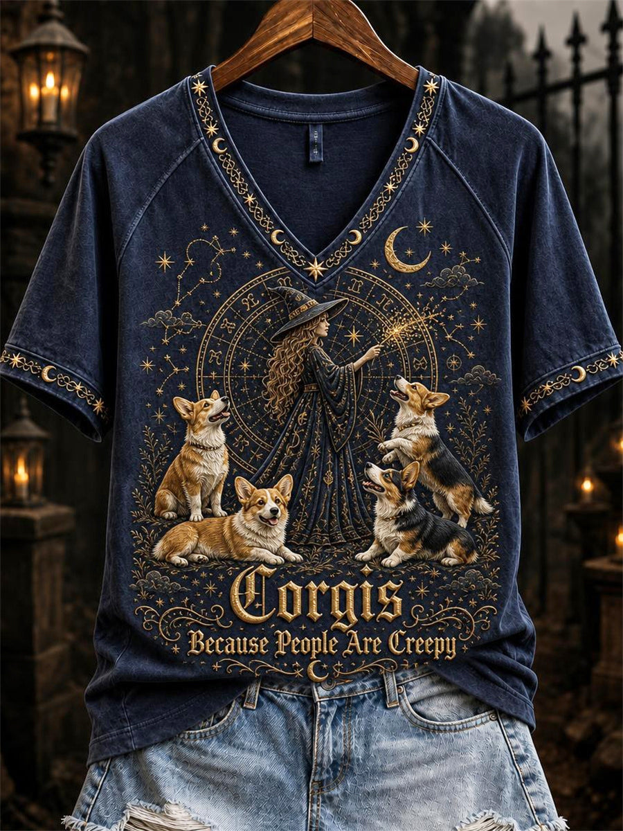 Women's Corgis Because People Are Creepy Celestial Witch & Dogs Print short-sleeved T-shirt