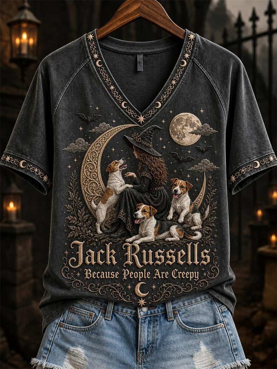 Women's Jack Russells Because People Are Creepy Celestial Witch & Dogs Print short-sleeved T-shirt