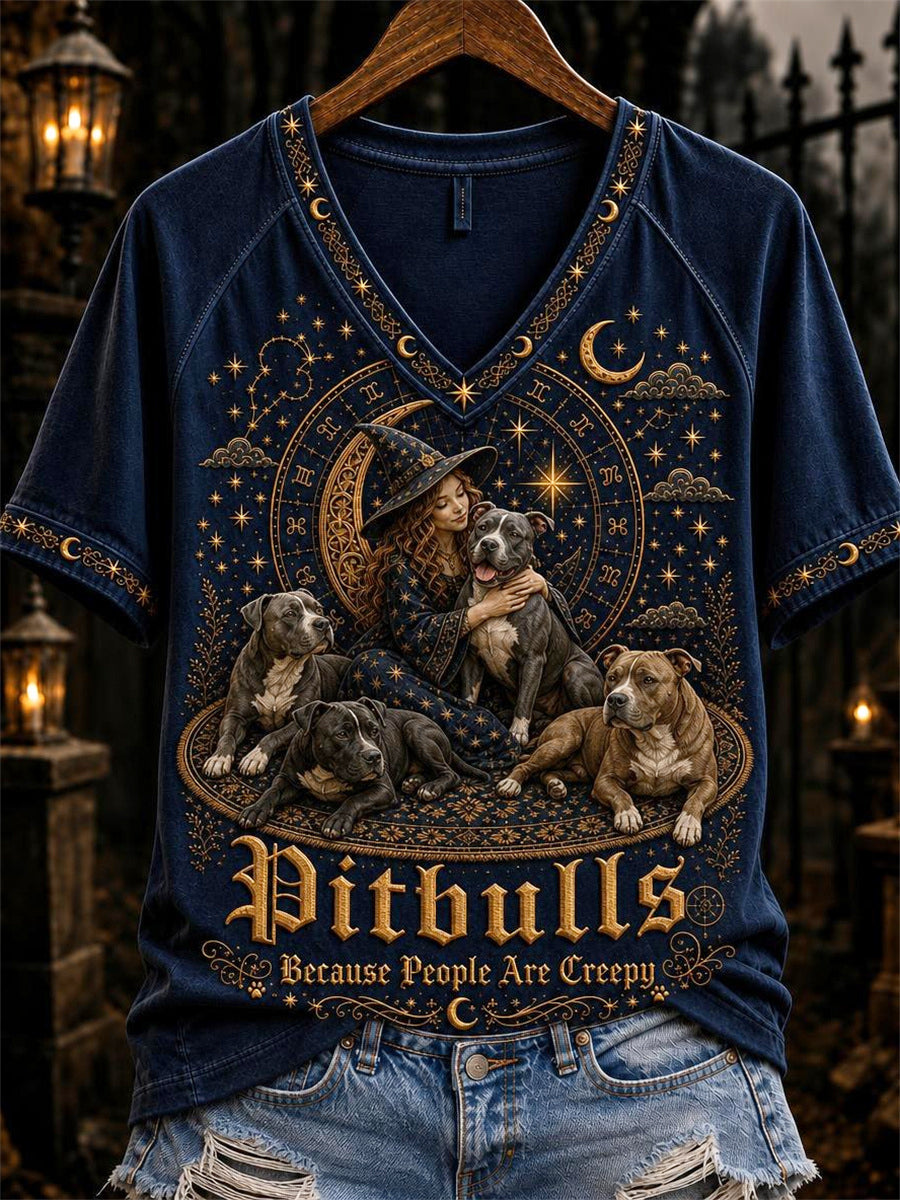 Women's Pit Bulls Because People Are Creepy Celestial Witch & Dogs Print short-sleeved T-shirt