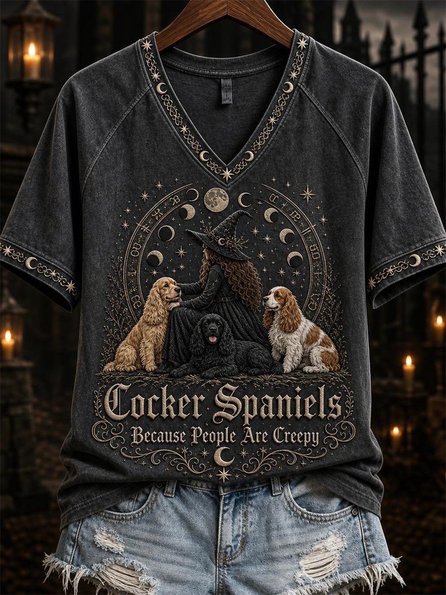 Women's Cocker Spaniels Because People Are Creepy Celestial Witch & Dogs Print short-sleeved T-shirt