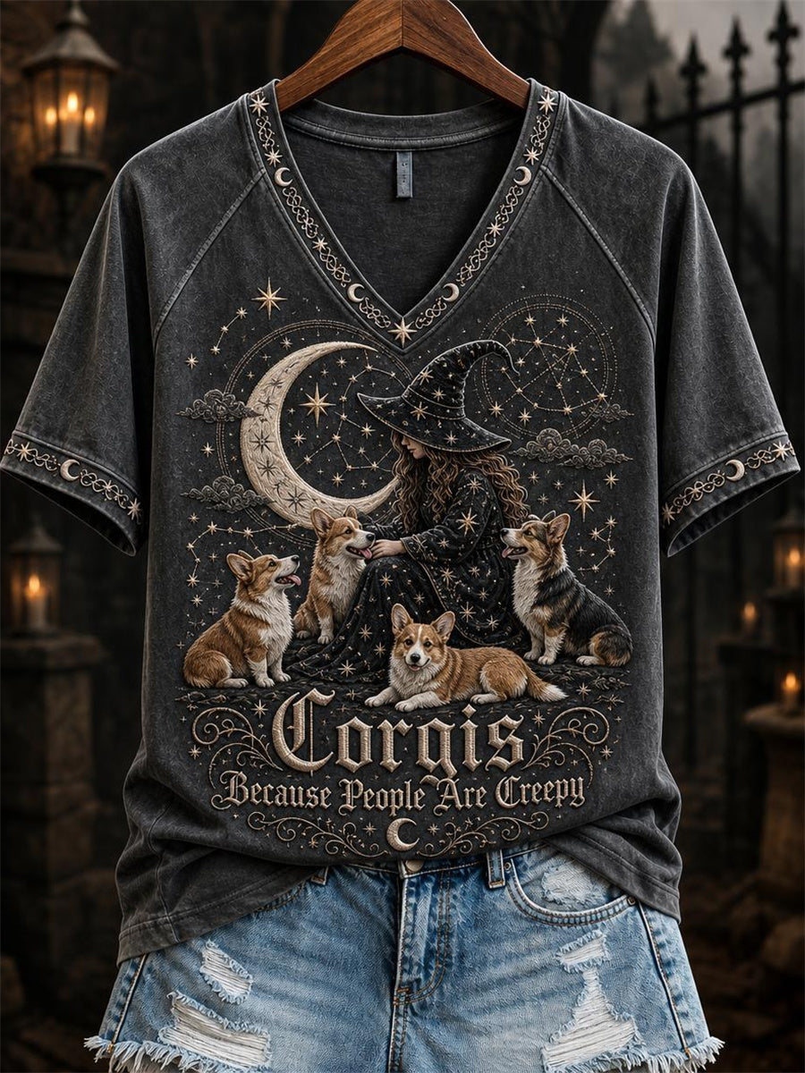Women's Corgis Because People Are Creepy Celestial Witch & Dogs Print short-sleeved T-shirt