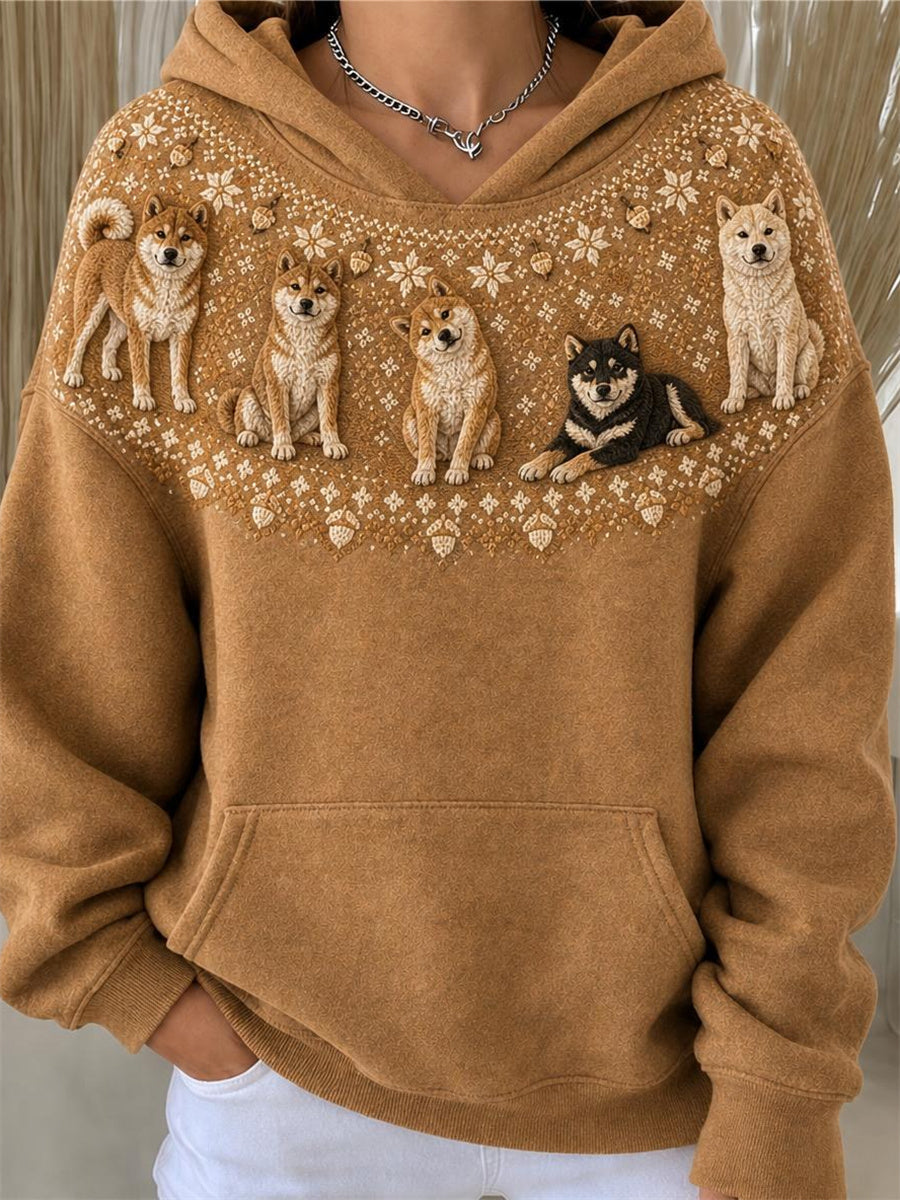 Women's Vintage Shiba Inu Dogs Yoke Isle Pattern Print Hoodie