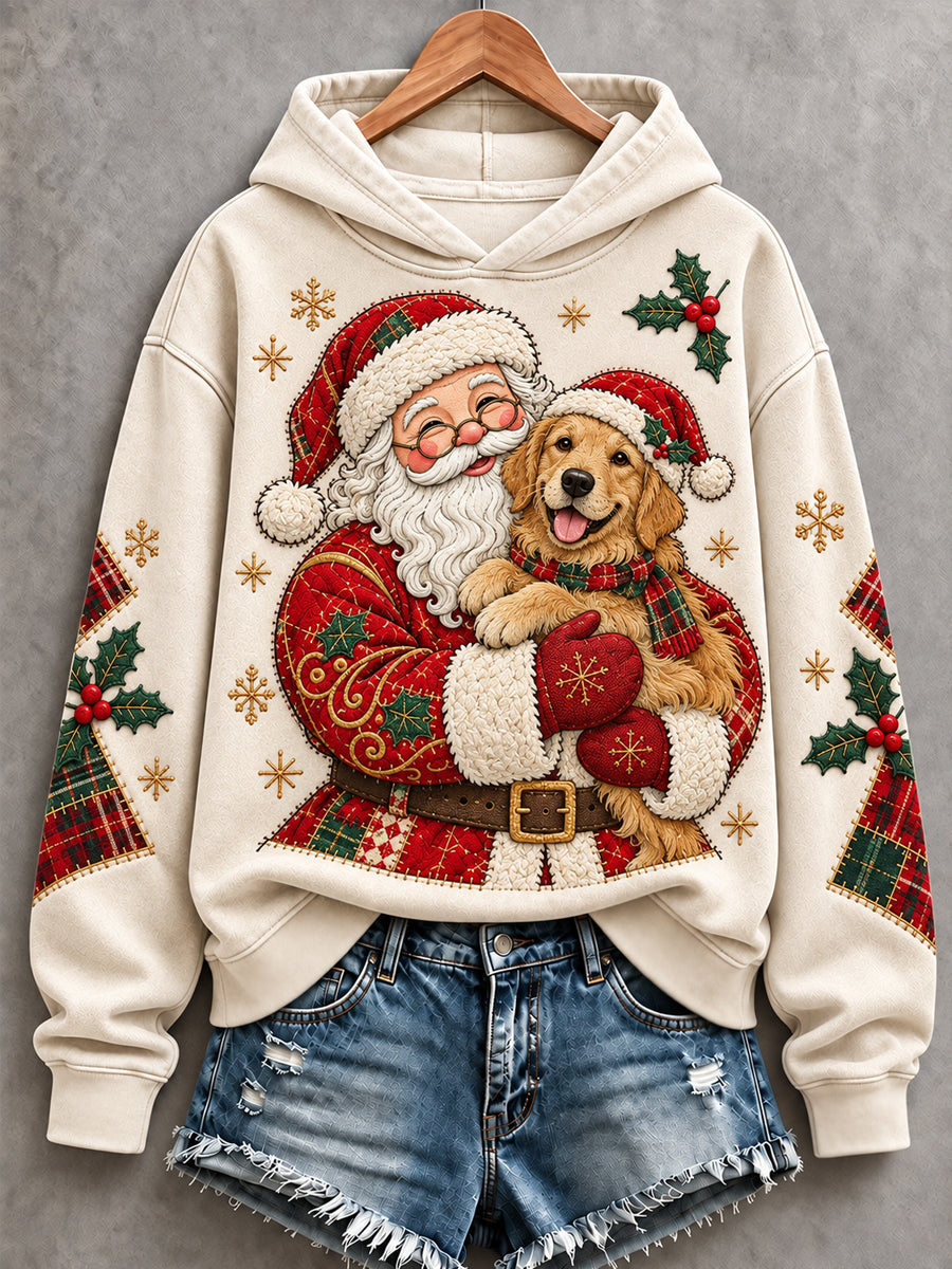 Women's Christmas Santa Claus Golden Retriever Patchwork Print Casual Hoodie