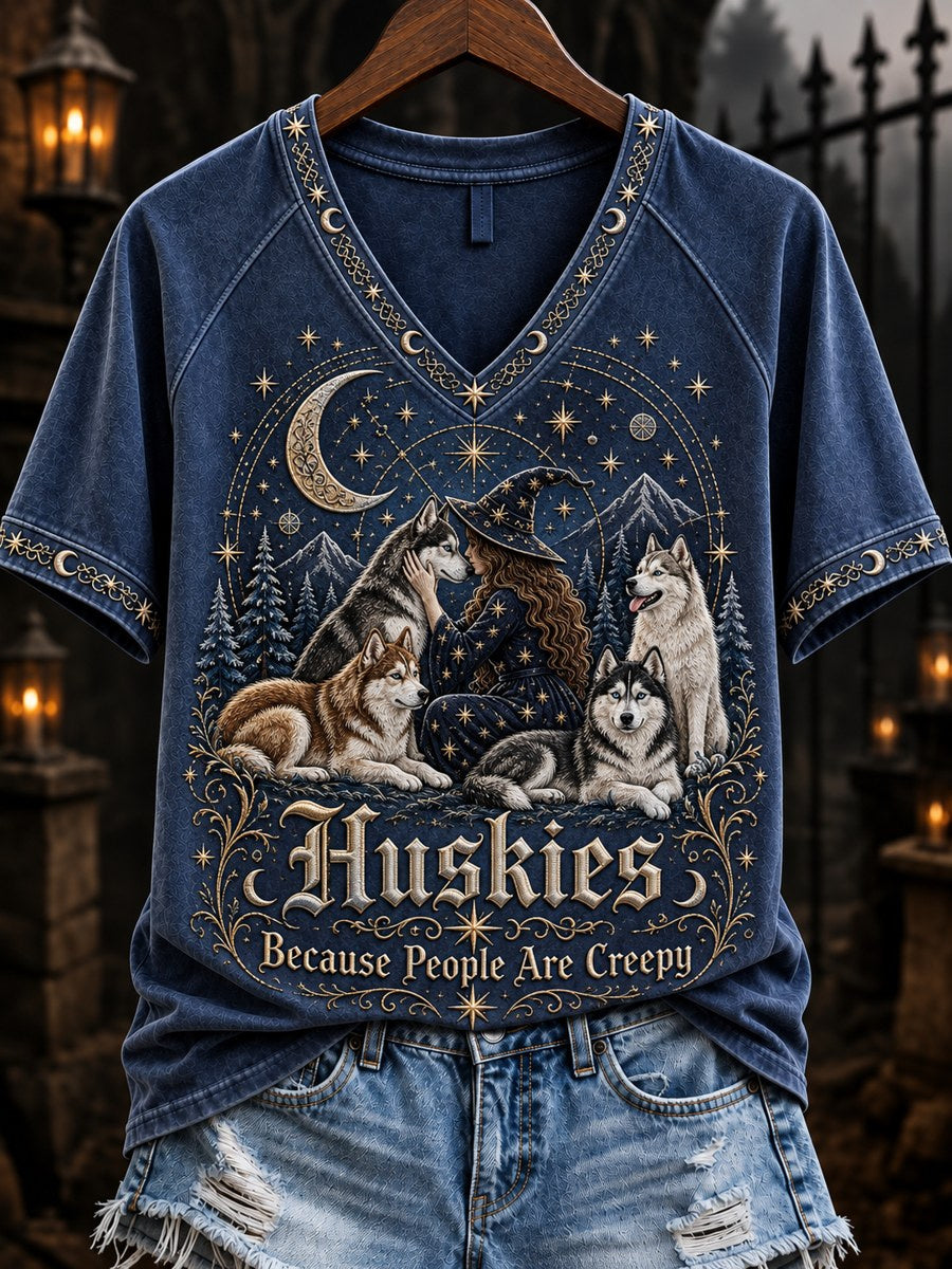 Women's Huskies Because People Are Creepy Celestial Witch & Dogs Print short-sleeved T-shirt