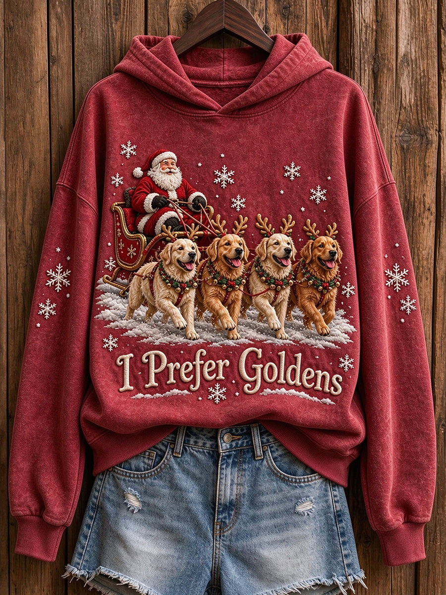 Women's Christmas I Prefer Goldens Santa Claus & Dogs Print Hoodie